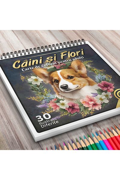 OEM Coloring Book for Adults, Dogs and Flowers, 30 Antistress Illustrations for Relaxation