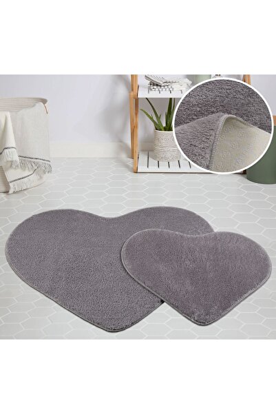 Myevilla My Evilla Modern Decorative Carpet Gel Non-Slip Base Plush Puffy Heart Model Gray Floor Mat Set 70X100-70X