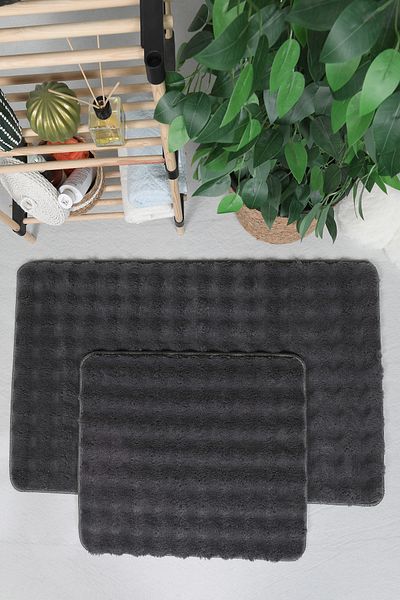 Myevilla Modern Bubble 2-Piece Toilet Set - Washable, Non-Slip Plush, Bath Mat Rug 60x100-50x60cm Anthracite