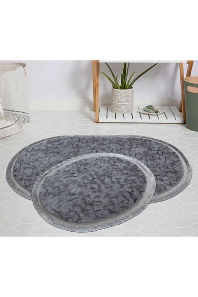 Myevilla My Evilla Modern Decorative Carpet Gel Non-Slip Base Plush Gray Patterned Fringed Oval Floor Mat Set 60x100