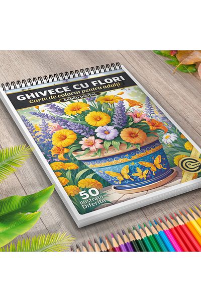 OEM Adult Coloring Book, Flower Pots, 50 Antistress Illustrations with Flowers for Relaxation