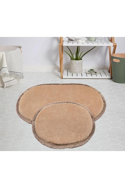 Myevilla My Evilla Modern Decorative Carpet Gel Non-Slip Base Plush Beige Fringed Oval Floor Mat Set 50x80