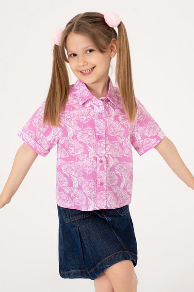 U.S. Polo Assn. Girl's Fuchsia Floral Patterned Linen Look Short Sleeve Shirt 50307934-Vr023