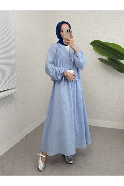 Modamorfo Blue Sleeve Tie-Up Ö Buttoned Skirt Suit