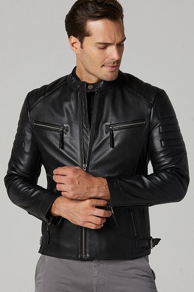 Derimod Bosh - X Men's Black Slim-Fit Leather Jacket 20Wgd6384Cy