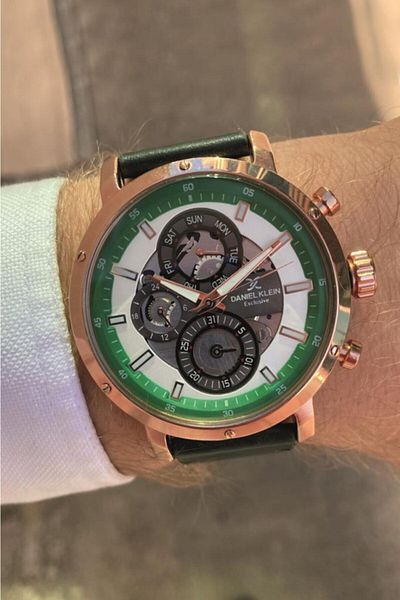Daniel Klein Green Leather Strap Functional Men's Wristwatch