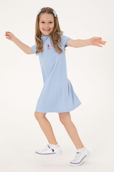 U.S. Polo Assn. Girls Light Blue Polo Neck Short Sleeve A-Line Basic Knitted Dress 50306051-Vr003