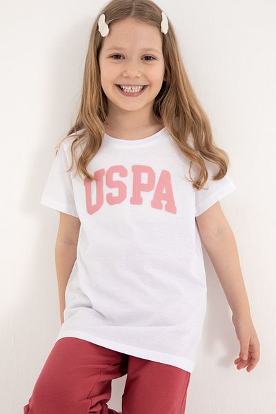 U.S. Polo Assn. Girl's White Crew Neck Cotton Glitter Uspa Printed Basic T-Shirt 50306042-Vr013