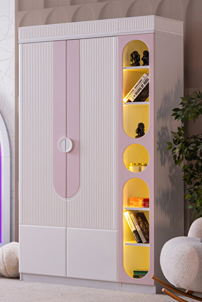 Setay Gardırop, Vira 2 Kapaklı Dolap ve Ledli Kitaplık - Pembe