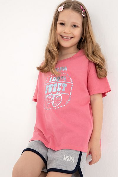 U.S. Polo Assn. Girls Pink Crew Neck Strawberry Printed Cotton T-Shirt 50306186-Vr167