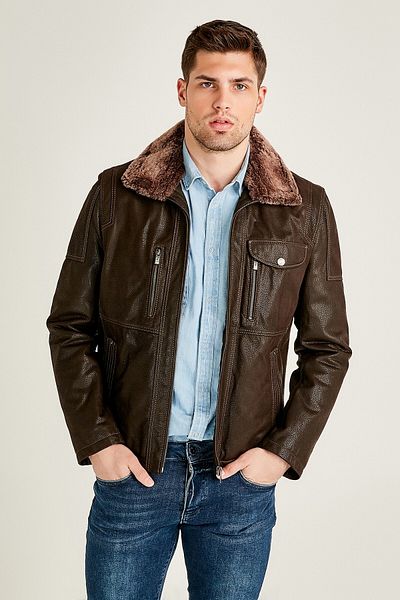 Derimod Men's Leather Jacket - Brown, Fur Collar, Angelo 19wgd60530m