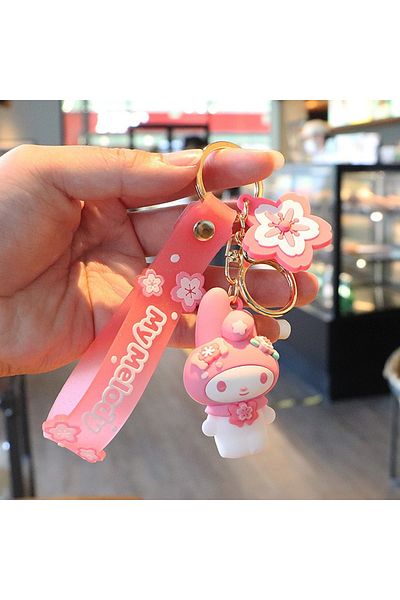 Miniso C Cute Sakura Keychain Pink Hello Kitty Melody Kuromi Model Pvc Toy Collection Cartoon Keyring Toy .