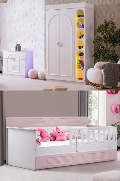 Setay Flora Çocuk Odası Takımı, Flora Yavrulu Karyola, Dolunay 2 Kapaklı Dolap, Şifonyer, Kitaplık - Pembe