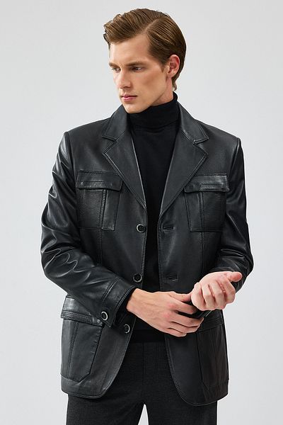 Derimod Kevin Men's Black Leather Blazer Jacket - 21wgd6405u4