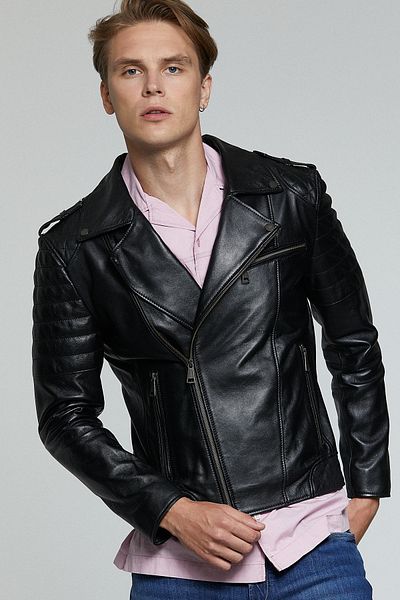 Derimod Men's Biker Leather Coat - Black Speedy, 19wgd6371u4