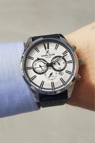 Daniel Klein All Functions Active Black Leather Strap White Dial Calendar Men's Wristwatch