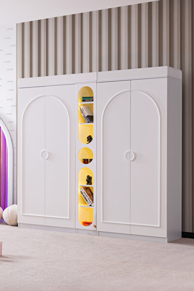 Setay Gardırop, Dolunay 4 Kapaklı Dolap ve Ledli Kitaplık - Beyaz