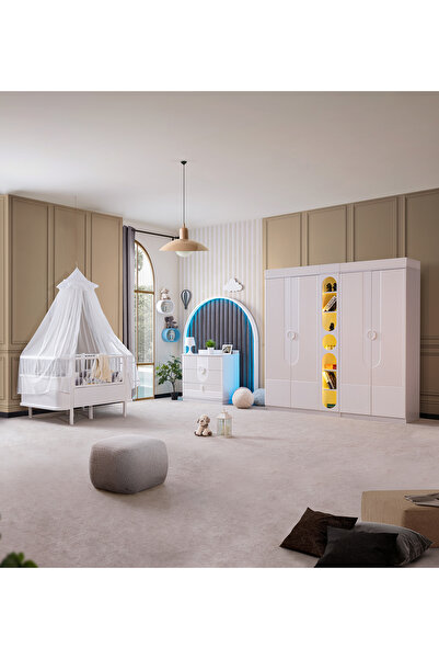 Setay Vira Çocuk Odası Takımı, Vira 4 Kapaklı Dolap, Yıldız Büyüyen Beşik, Şifonyer, Kitaplık