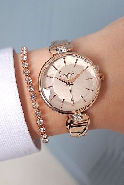 Freelook Kesme Camlı Rose Gold Kadın Kol Saati + Bileklik Seti