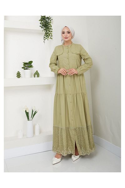 VELLICHOR Lace Natural Fabric Buttoned Denim Dress Light Green
