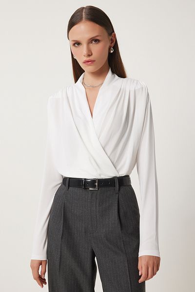 Lovelyİstanbul Padded Wraped Collar Snap Blouse - Ekru Lzh0007