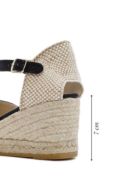 Derimod Black Leather Wedge Heeled Espadrille - With Ankle Strap, 24SFD152214