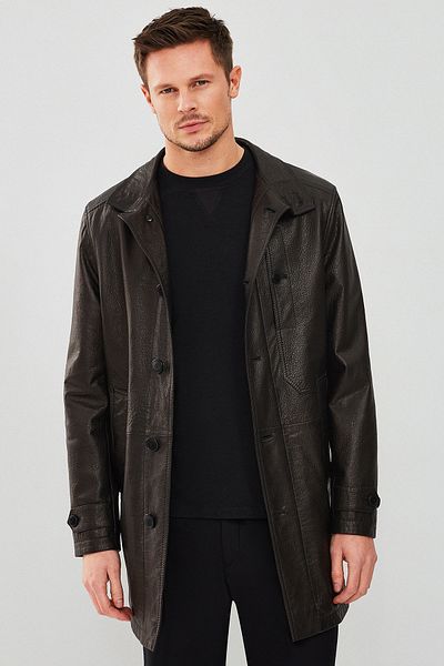 Derimod Ederson Men's Black Long Leather Trench Coat 23Wgd61139M