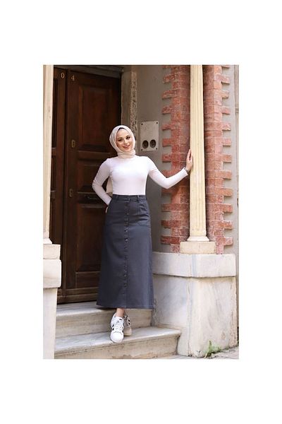 VELLICHOR Full Buttoned Gabardine Skirt Anthracite