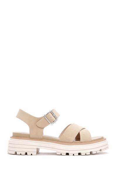 Derimod Sandale din nubuc bej - damă, curea la gleznă, talpă groasă, 24sfe4806v3