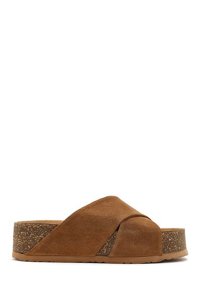 Derimod Women's Tan Thick Soled Suede Leather Slippers 25Sfd180910