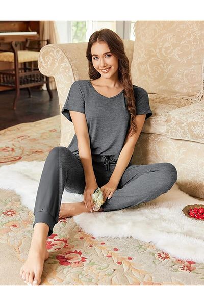 SB SizinBazar Women's Cotton Short-Sleeved Soft-Textured Pajamas Suit T-Shirt and Pants Sports Set