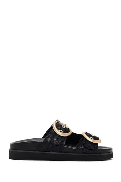 Derimod Black Leather Knitted Slippers - Double Buckle, Women's, 24sfd200929