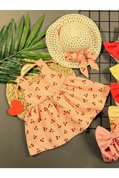 Masal Dünyası Bursa Kiraz Desenli Şapkalı Kız Bebek Elbise Somon 6-24 Ay