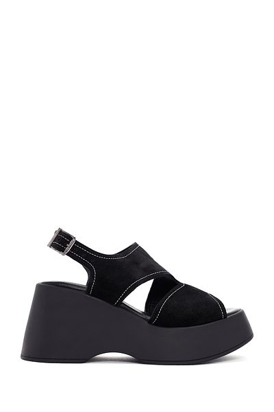 Derimod Women's Black Ankle Strap Thick Soled Suede Genuine Leather Sandals 24Sfd152010