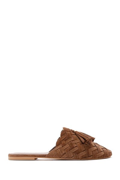 Derimod Tan Colored Women's Knitted Leather Slippers - 24SFD 290029