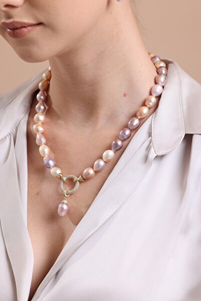 Birinci 925 Ayar Gümüş Halka Kilitli Multicolor Doğal Barok İnci Kolye