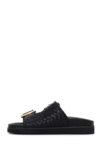 Derimod Black Leather Knitted Slippers - Double Buckle, Women's, 24sfd200929