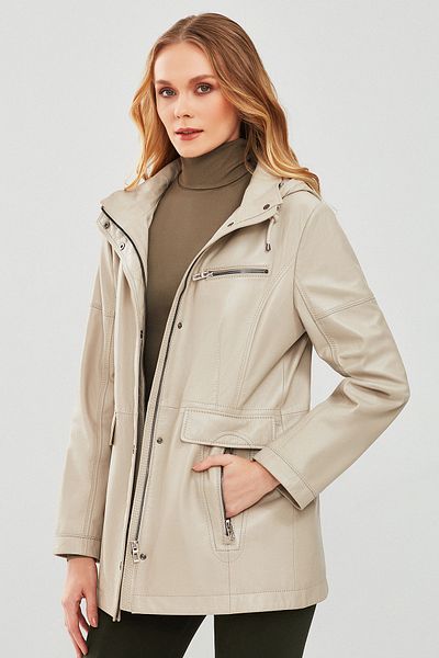 Derimod Agatha Beige Hooded Long Leather Women's Coat - 23wge5940r3