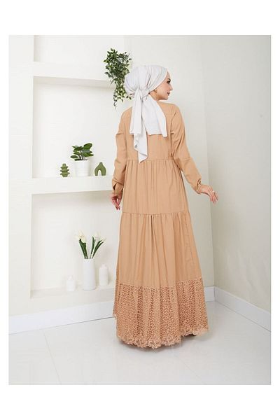 VELLICHOR Τζιν φόρεμα Camel με κουμπιά από φυσικό ύφασμα με δαντέλα