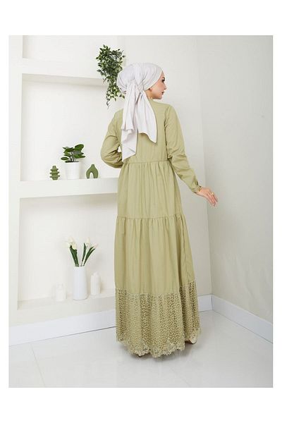 VELLICHOR Lace Natural Fabric Buttoned Denim Dress Light Green