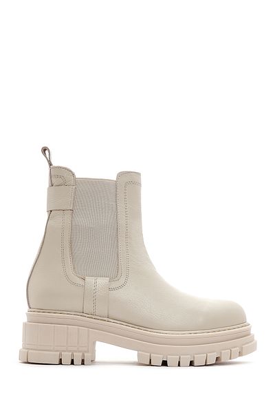 Derimod Women's Cream Thick Heeled Leather Chelsea Boots 24Wfd 181418