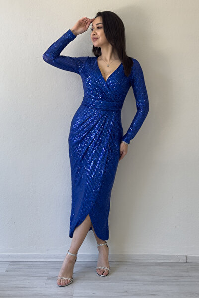 zks grup tekstil Rochie de seară de damă Saks cu design cu paiete, guler dubl...