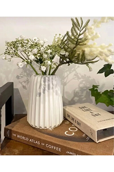 Nonno dekor Bohem Tarz Büyük Boy Vazo, İskandinav Tarz Oluklu Şerit Beyaz Dekoratif Vazo, Çizgili Vazo