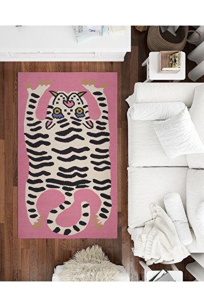 Rugs Modern Halı Mira 1136 Pembe Kaplan Figürlü Dokuma Taban Halı
