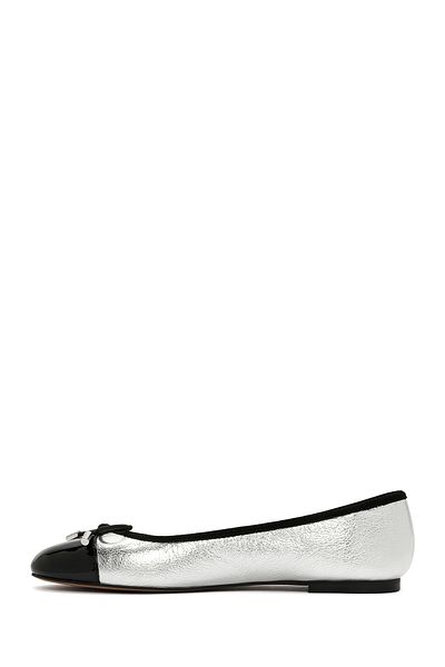 Derimod Women's Silver Buckle Detailed Genuine Leather Summer Ballerina Shoes 24Sfd550114