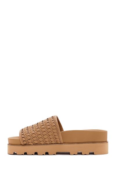 Derimod Brown Knitted Leather Women's Slippers - 24sfd 120529