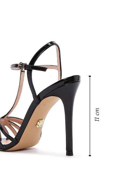 Derimod Women's Black Ankle Strap Thin Heeled Shoes Patent Leather Genuine Leather Sandals 24Sfd100616