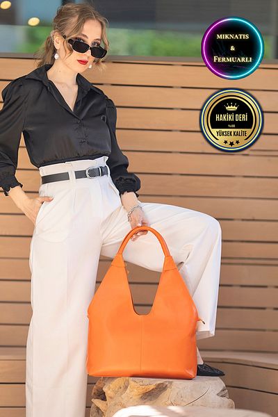 CüzCan Valery Orange Genuine Leather Women's Hand Shoulder and Shoulder Bag