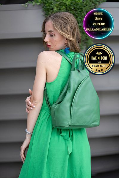 CüzCan Viente Green Genuine Leather Women's Hand Shoulder and Backpack
