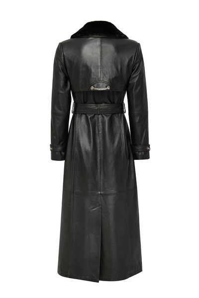 Derimod Jenny Women's Black Collar Furry Belt Detail Leather Trench Coat 23Wge51681M